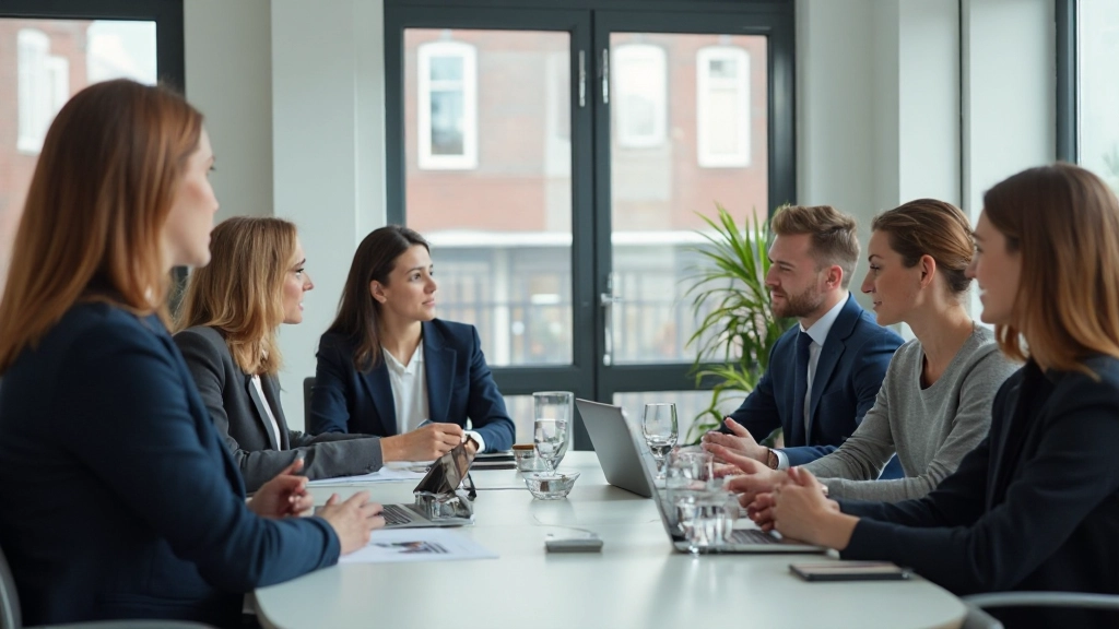 Professionele trainingsomgeving met deelnemers in discussie