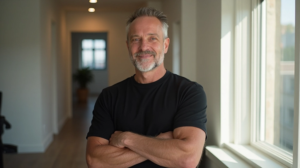 Professionele foto van realistische man van 40 jaar, gekleed in zwart T-shirt, staande met gekruiste armen in zonnig kantoor, zelfverzekerde uitdrukking, raam met daglicht op achtergrond, wazig, GEEN tekst, GEEN watermerken