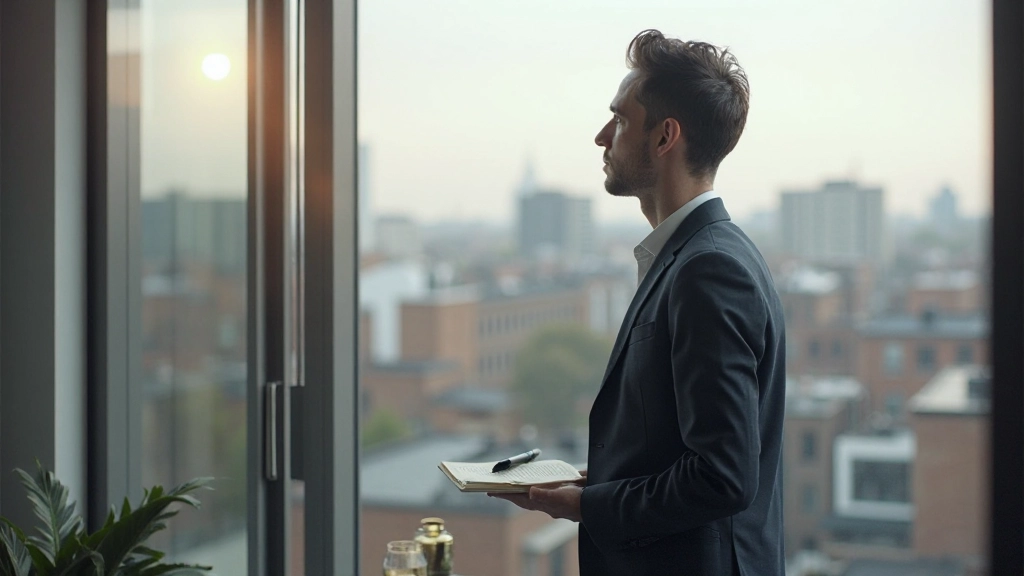 Persoon in reflectie bij een raam met uitzicht op de stad, dagboek en pen