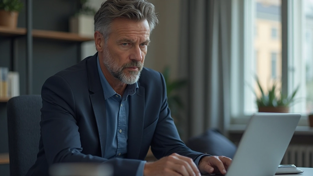 Professionele foto van realistische man van 45 jaar, gekleed in donkerblauwe business casual outfit, zittend aan bureau met laptop, gefocuste uitdrukking, kantoor met daglicht, wazig op achtergrond, GEEN tekst, GEEN watermerken