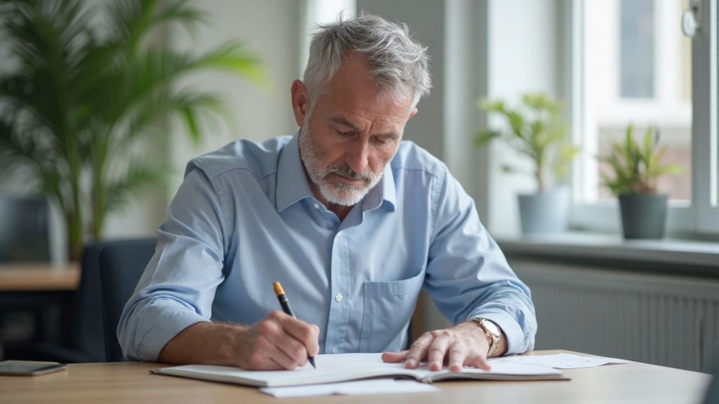Man aan bureau met notitieboek en pen, werkend aan doelen en verantwoordelijkheid, eigenaarsmindset in actie