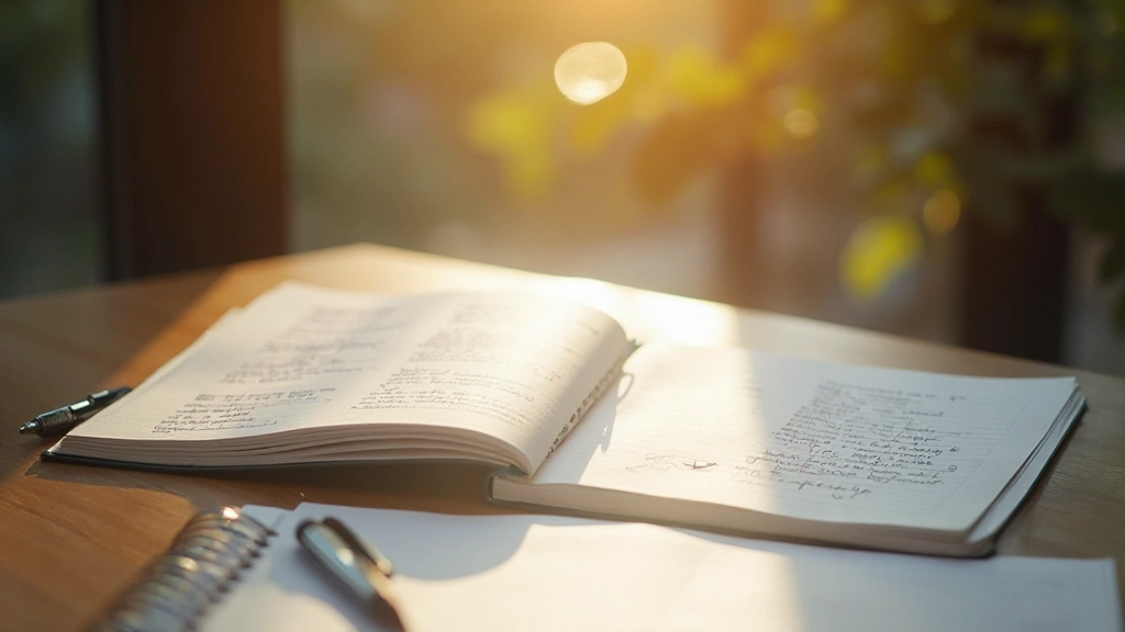 Open notitieboek met handgeschreven aantekeningen, dagelijks reflectie op groei en verantwoordelijkheid, persoonlijke ontwikkeling