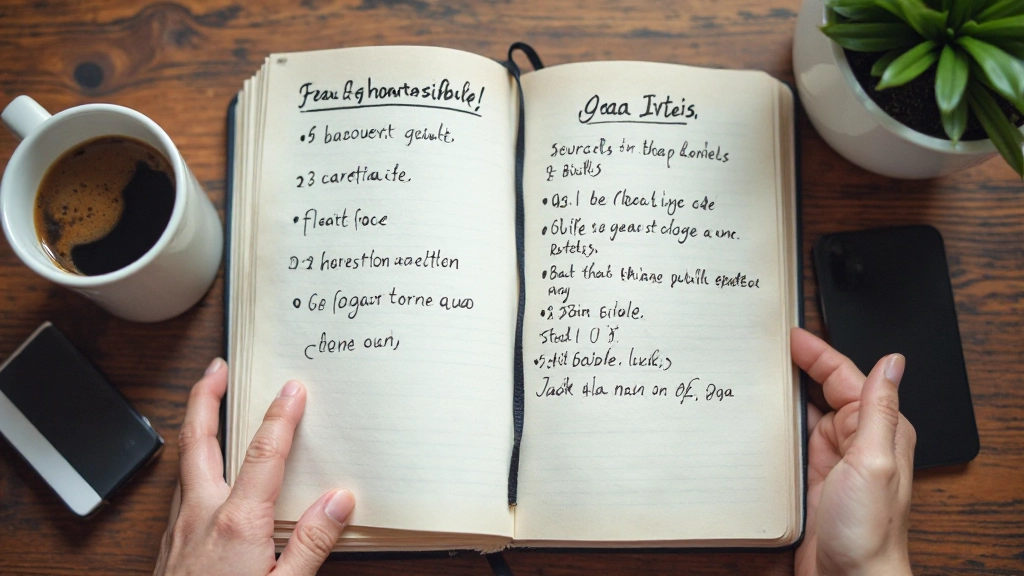 Notitieblok met geschreven doelstellingen op houten bureau met kopje koffie