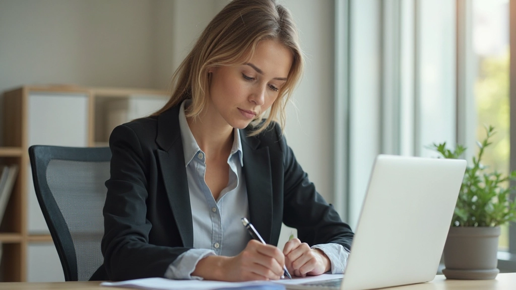 Professionele werkomgeving met persoon die aantekeningen maakt aan een bureau met laptop en kopje koffie