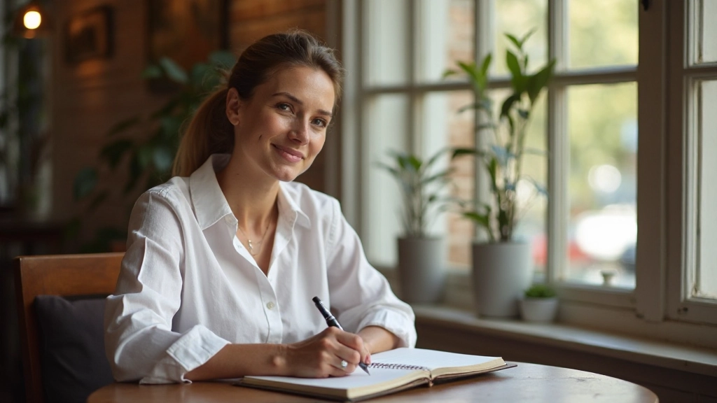 Professionele foto van realistische vrouw van 38 jaar, gekleed in witte linnen blouse, zittend in café met notitieboek en pen in hand, schrijvend, warm licht door raam, wazig op achtergrond, GEEN tekst, GEEN watermerken