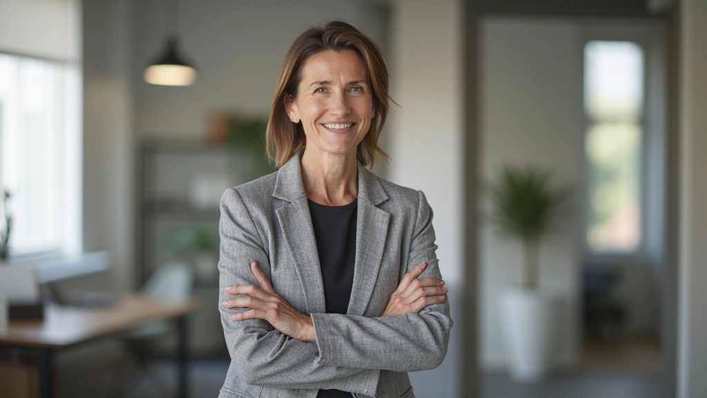 Professionele foto van realistische vrouw van 42 jaar, gekleed in grijs linnen jasje, zelfverzekerde houding, armen gekruist, staande in heldere werkruimte met natuurlijk licht, wazig op achtergrond, GEEN tekst, GEEN watermerken