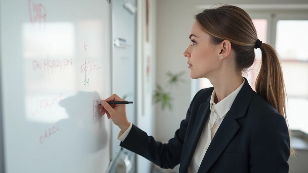 Persoon schrijft notities en doelstellingen op whiteboard om verantwoordelijkheid vast te leggen